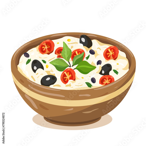 dakos or ntakos with tomatoes, olives and basil in a bowl. Vector illustration. photo