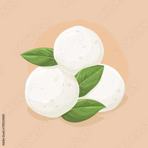 Fresh mozzarella cheese with green basil leaves. Vector illustration.