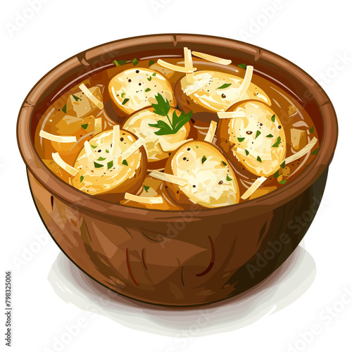 Potato soup with potatoes in a wooden bowl. Vector illustration.