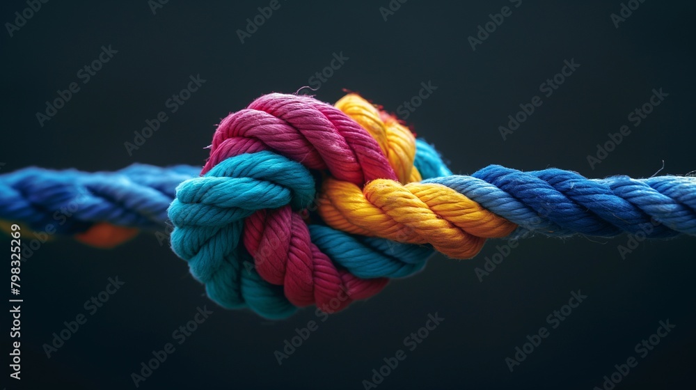 Vivid close-up of colorful rope knots, presenting a lively and textured abstract background Vivid close-up of colorful rope knots, presenting a lively and textured abstract background