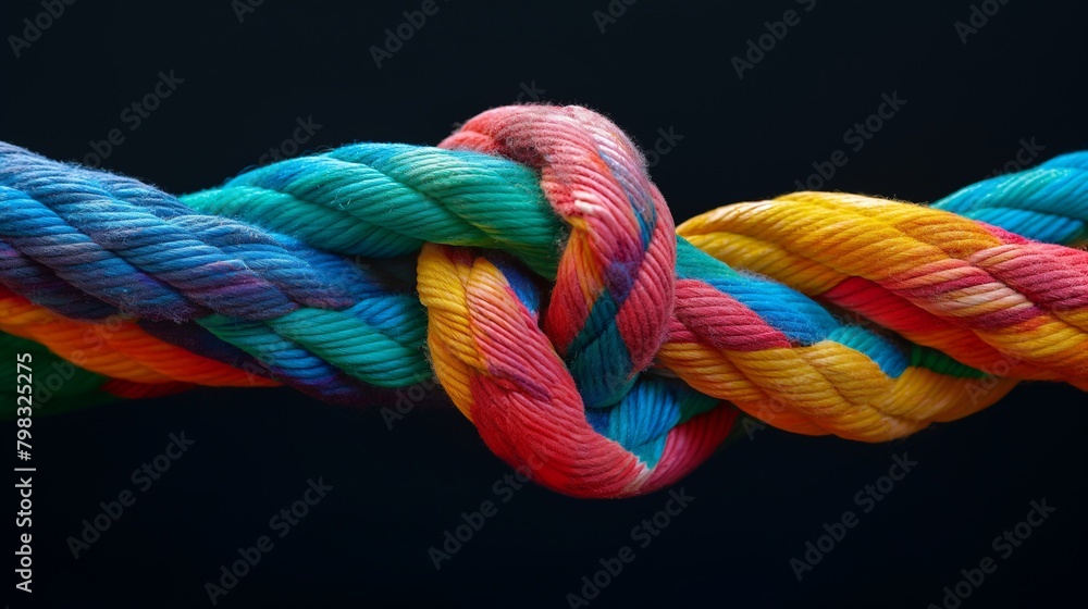 Vivid close-up of colorful rope knots, presenting a lively and textured abstract background Vivid close-up of colorful rope knots, presenting a lively and textured abstract background