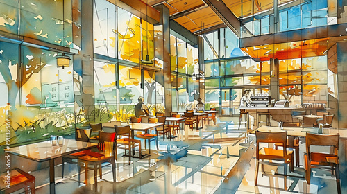 A widescreen image of a Starbucks café located in the heart of Mountain View, featuring a fusion of Silicon Valley's futuristic aesthetic with touches of local flora. The artwork, in pencil and waterc