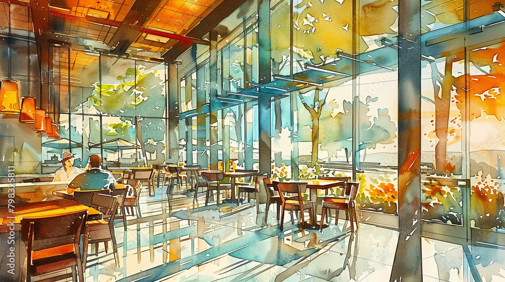 A widescreen image of a Starbucks café located in the heart of Mountain View, featuring a fusion of Silicon Valley's futuristic aesthetic with touches of local flora. The artwork, in pencil and waterc