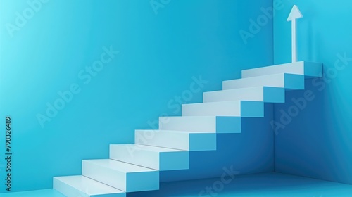 White arrow up with blue stair on blue floor background  3D arrow climbing up over a staircase   3d stairs with arrow going upward  3d rendering