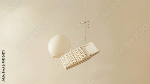telephone keyboard flying in a beige sky hanging to a baloon, vogue cover, magazine cover in a studio against a white - to - light beige gradient background, polaroid, product photopgraphy. photo
