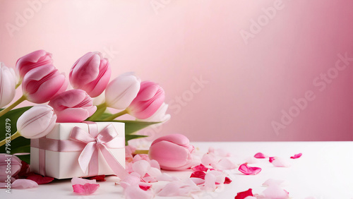 Pink tulips  a gift box  and scattered petals on a soft pink background  celebrations for mother   s day or valentine   s day.