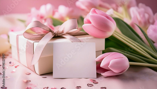 Pink tulips, a gift box, and scattered petals on a soft pink background, ideal for celebrations like Mother’s Day or Valentine’s Day.