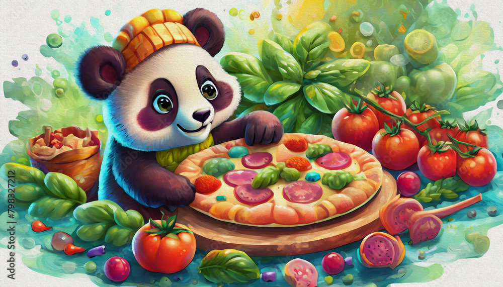 Obraz premium oil painting style CARTOON CHARACTER CUTE panda and raccoon Tasty pepperoni pizza and cooking ingredients, 