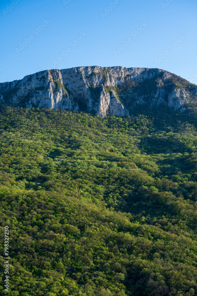 Sicevo Gorge (Sicevacka klisura) in Serbia.  The gorge in the middle of mountains. A view of the huge rocks that rise above the gorge.