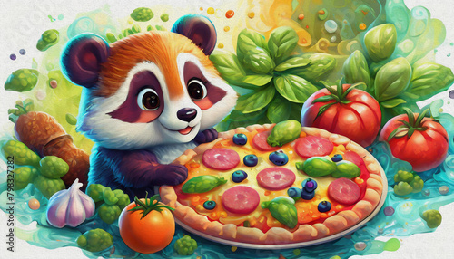 oil painting style CARTOON CHARACTER CUTE panda and  raccoon Tasty pepperoni pizza and cooking ingredients  