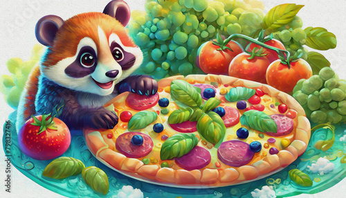 oil painting style CARTOON CHARACTER CUTE panda and  raccoon Tasty pepperoni pizza and cooking ingredients  