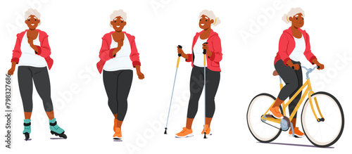 Elderly Woman in Sportswear Enjoying Various Outdoor Sports Activities and Recreation  Wheeling On Rollerblades