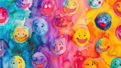 tye dye background watercolor painting with 20 plus smiley faces emojis with different happy expressions, the colors shoudl be bright, photo