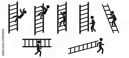 a set of vector illustrations of the concept of a man and a ladder, up the stairs, falling down the stairs, a warning sign, a human figurine, working at height