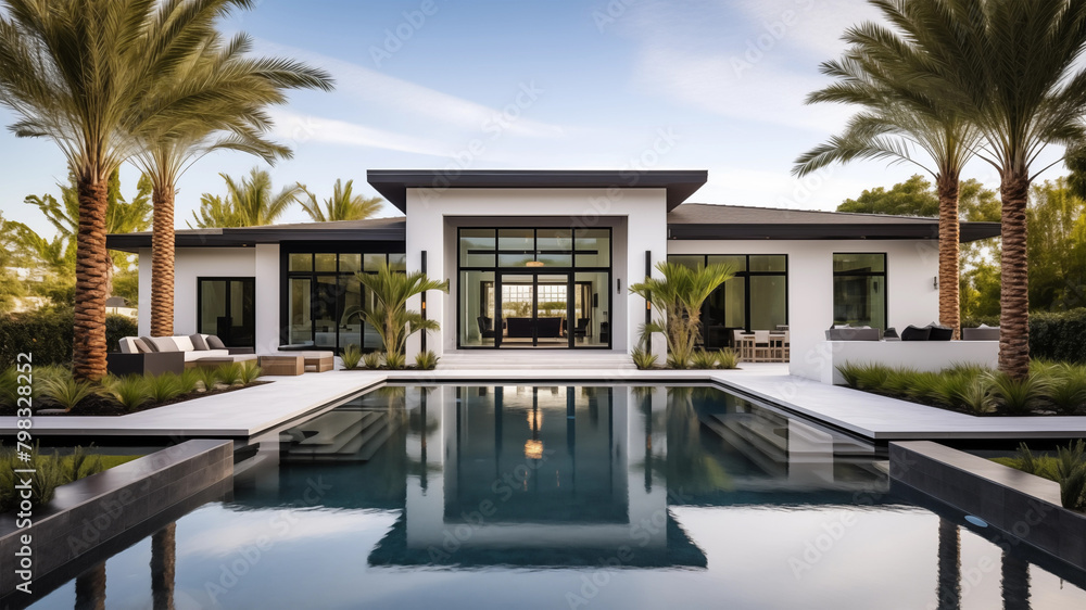 Luxury modern villa exterior with green palms and pool with outdoor ...
