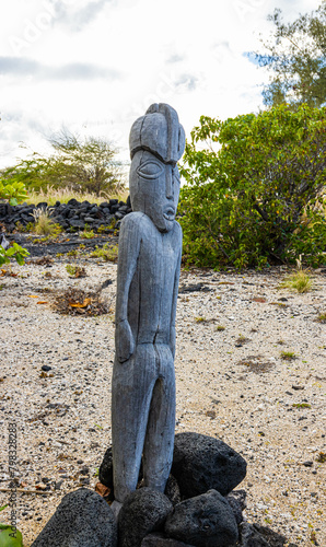Carved Wooden Idols Guard Ancient Burial Grounds at Ho'ona Historic Preserve, Hawaii Island, Hawaii, USA