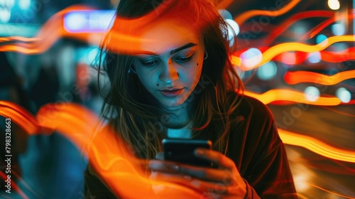 Young woman using a smart phone in front of orange light trails.