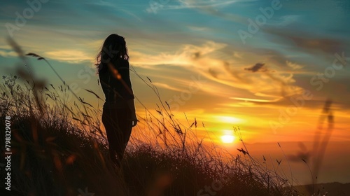 Woman Silhouette at sunset on hill