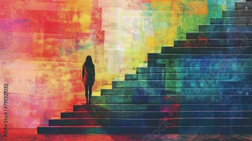 Woman stands in front of a staircase in different colors. She is about to walk up the stairs. Concept of standing in front of a challenge and finding the right solution and courage to move on.