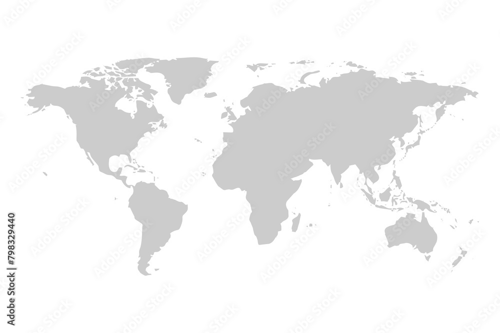 Grey world map isolated on a transparent background.