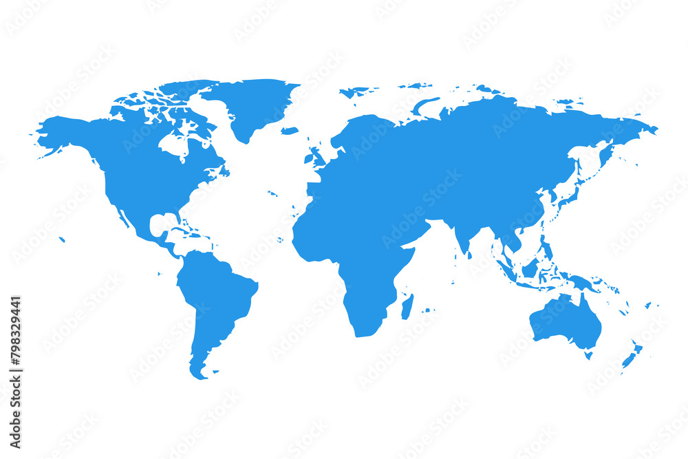 Blue world map isolated on a transparent background.