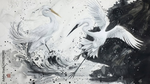 Wonderful scene of egret and big fish fighting for smaller fish, Chinese ink painting,