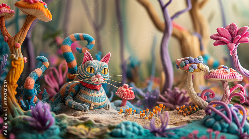 3D abstract illustration of an artistically stylized kitty in a fairy-tale natural environment with intense color