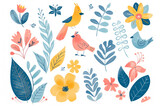 Abstract plants. Simple Various Flowers and Leaves, birds.