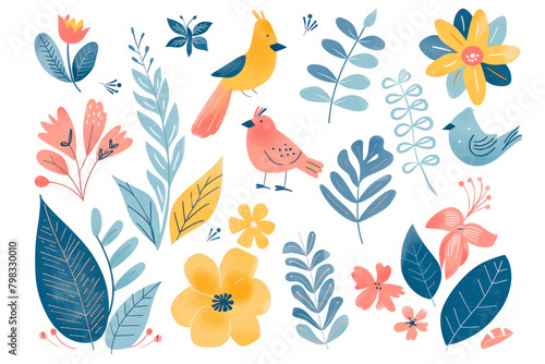 Abstract plants. Simple Various Flowers and Leaves  birds.