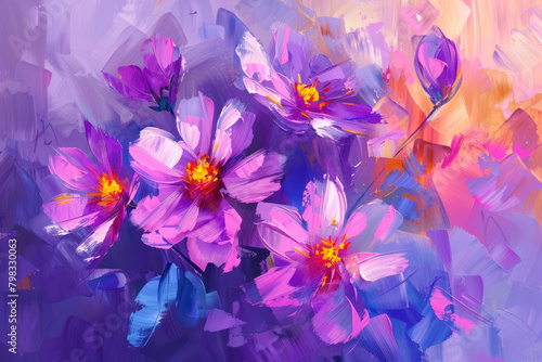Abstract colorful oil painting purple cosmos flower, rhododendron flowers.