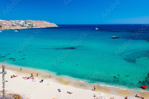 Fototapeta Naklejka Na Ścianę i Meble -  Mykonos, Greece - Paralia Kalo Livadi, a family beach with crystal and shallow water, peaceful and quiet.