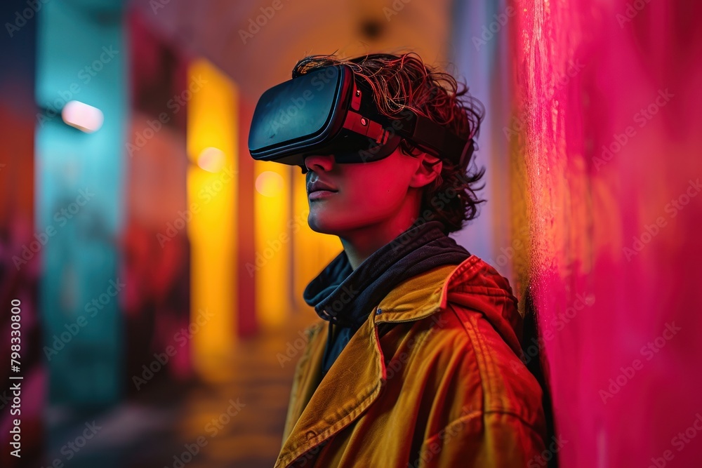 Young man with virtual reality headset or 3d glasses exploring the city. VR. Virtual reality concept with Copy Space.
