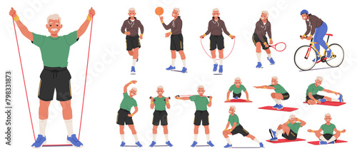 Elderly Man In A Jersey Doing Various Exercises. Aged Male Character Engaging In Different Sports, Vector Illustration