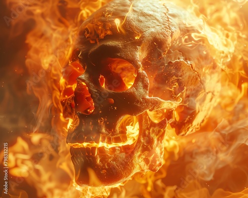 Create a stunning digital 3D rendering of a worms-eye view skull engulfed in vibrant, swirling flames of fire, transporting viewers to the fiery depths of hell