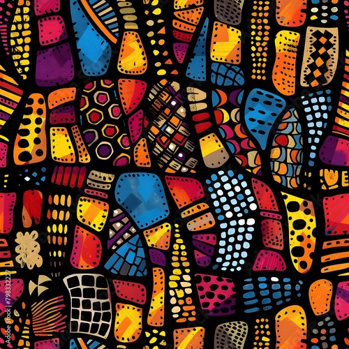 Ethnic and tribal motifs African geo bold seamless pattern in red yellow blue black and purple colors