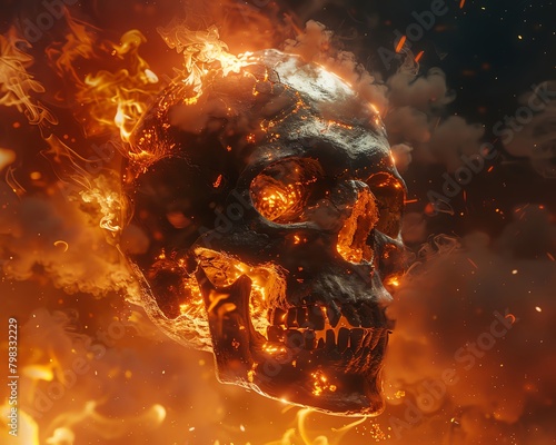 Create a stunning digital 3D rendering of a worms-eye view skull engulfed in vibrant, swirling flames of fire, transporting viewers to the fiery depths of hell