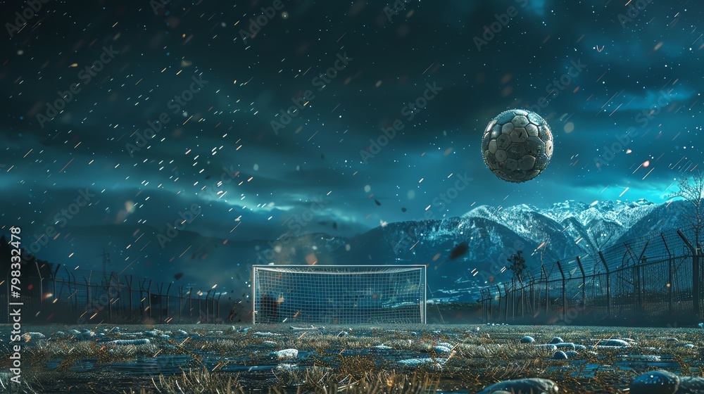 Dramatic scene of a decisive penalty kick in a soccer game, the ball mid-air heading towards the goal under a night sky - obrazy, fototapety, plakaty 