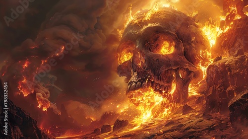 Dramatic depiction of a skull engulfed in fierce flames, with hellish landscapes and fiery pits in the background photo