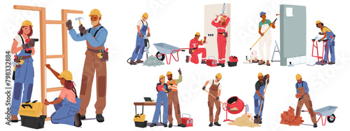 Professional Construction Workers, Builders, And Repairman Employees at Work. Women And Men Industrial Workers