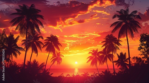 palms tree on golden sunset sky background © Spyrydon