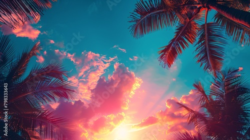 palms tree on pink sunset background © Spyrydon
