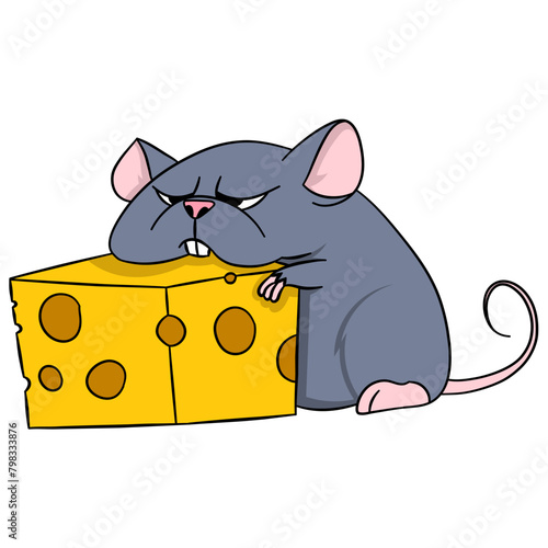 A little mouse with a greedy face was enjoying a piece of delicious cheese