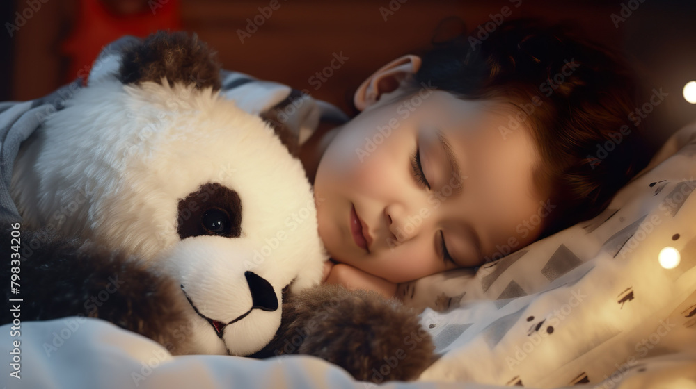 A cute little boy lies happily in bed with a panda doll. in a warm room.