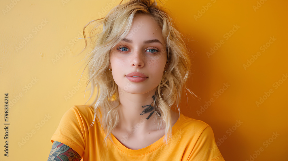 Young beautiful blonde hair tattooed woman wearing a summer orange colored t-shirt on light color background
Young beautiful blonde hair tattooed woman wearing a summer orange colored t-shirt on light color background