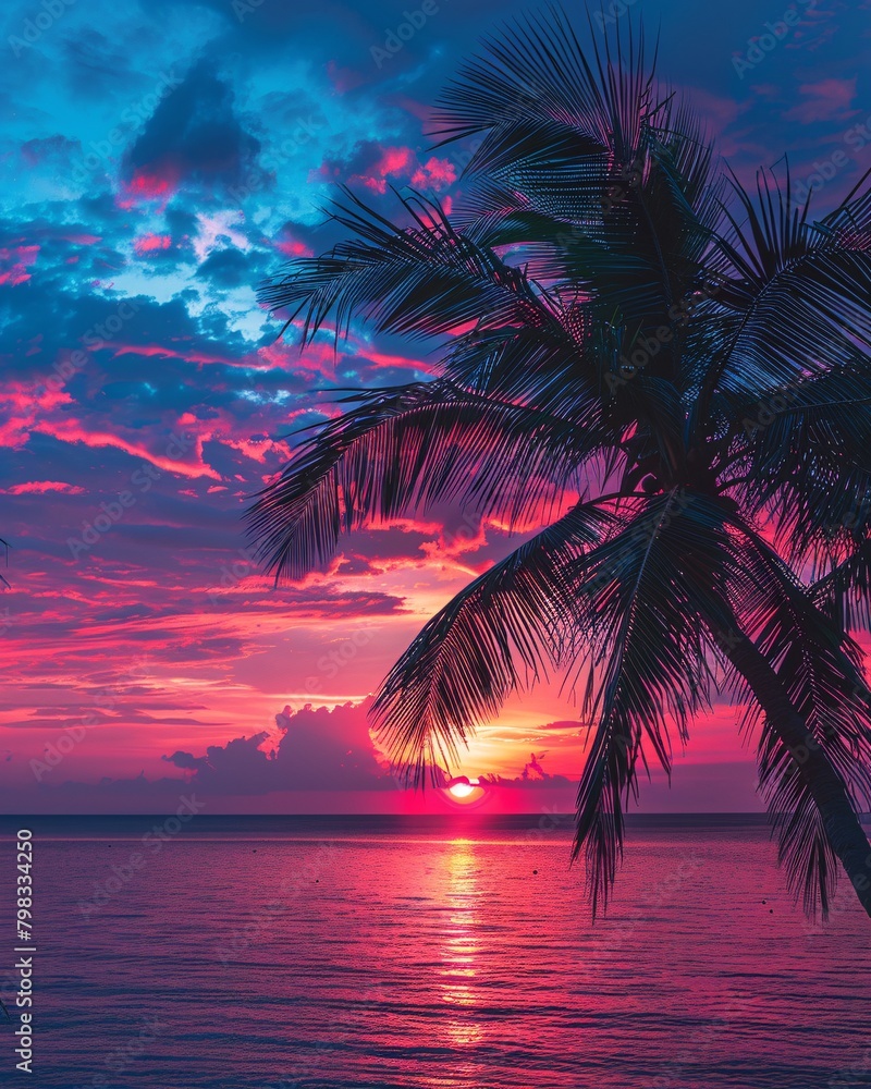 palms tree on pink sunset background