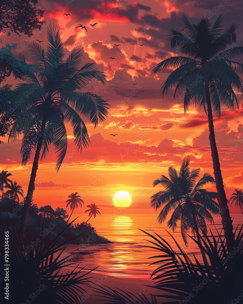palms tree on golden sunset sky background
