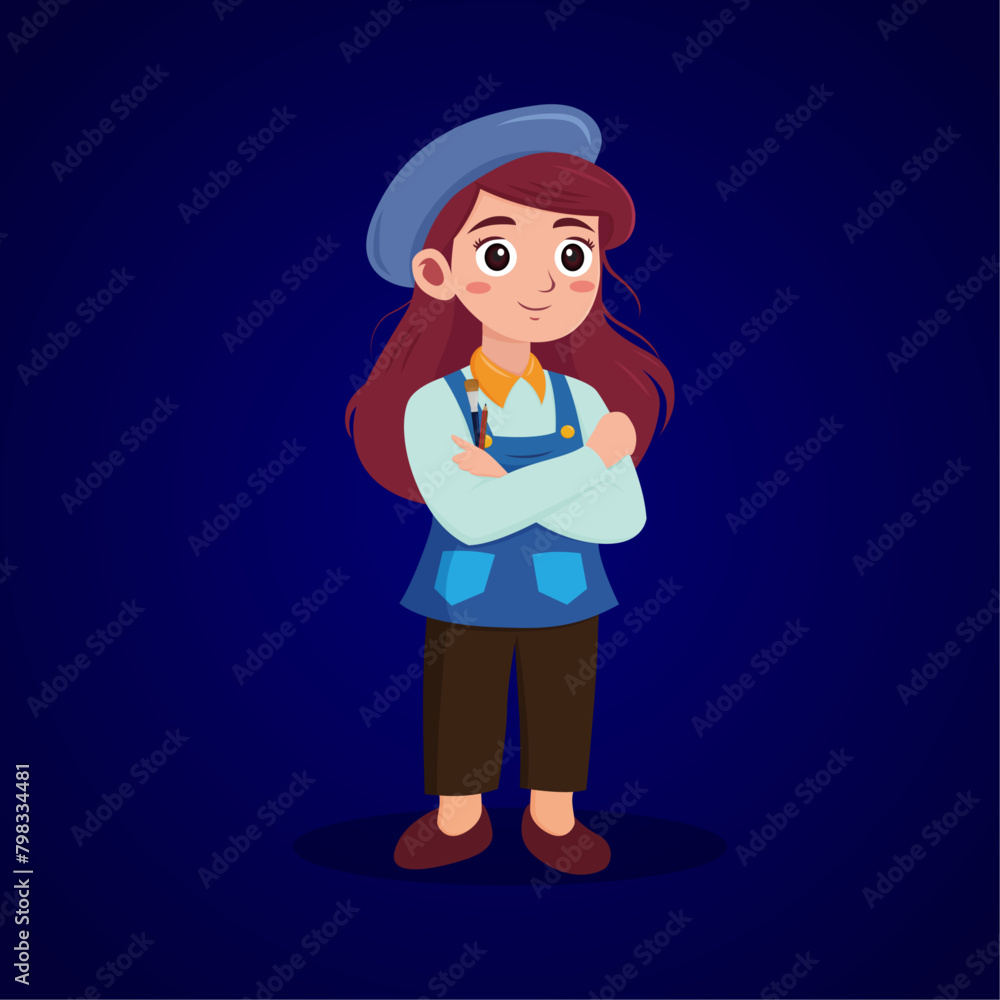 kid girl wearing a painter uniform cartoon cute character design kid girl wearing a painter uniform cartoon cute character design