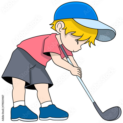 young man is holding a golf club concentrating and preparing to make a low shot