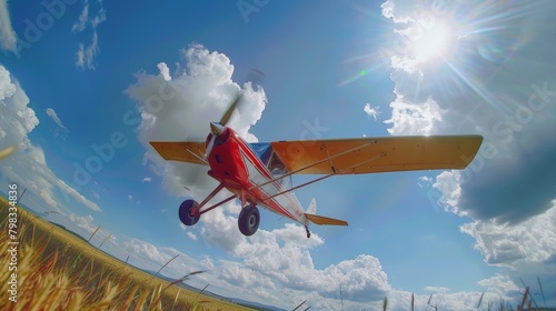 A red and yellow plane is flying low over a vast field, with green grass and scattered trees below. The sky is clear, and the planes propeller is spinning as it glides through the air.