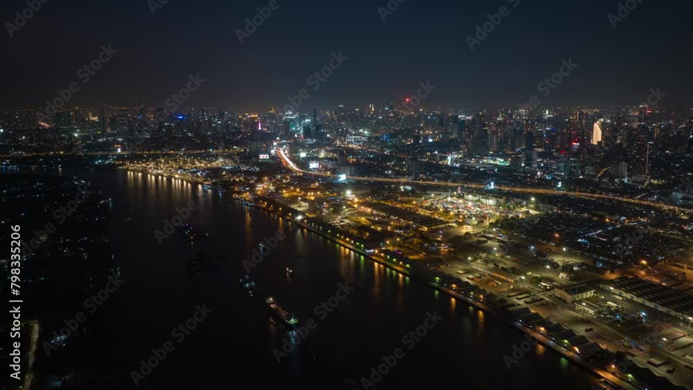 night illumination bangkok downtown district riverside industrial bay port dock traffic aerial panorama 4k timelapse thailand night illumination bangkok downtown district riverside industrial bay port dock traffic aerial panorama 4k timelapse thailand